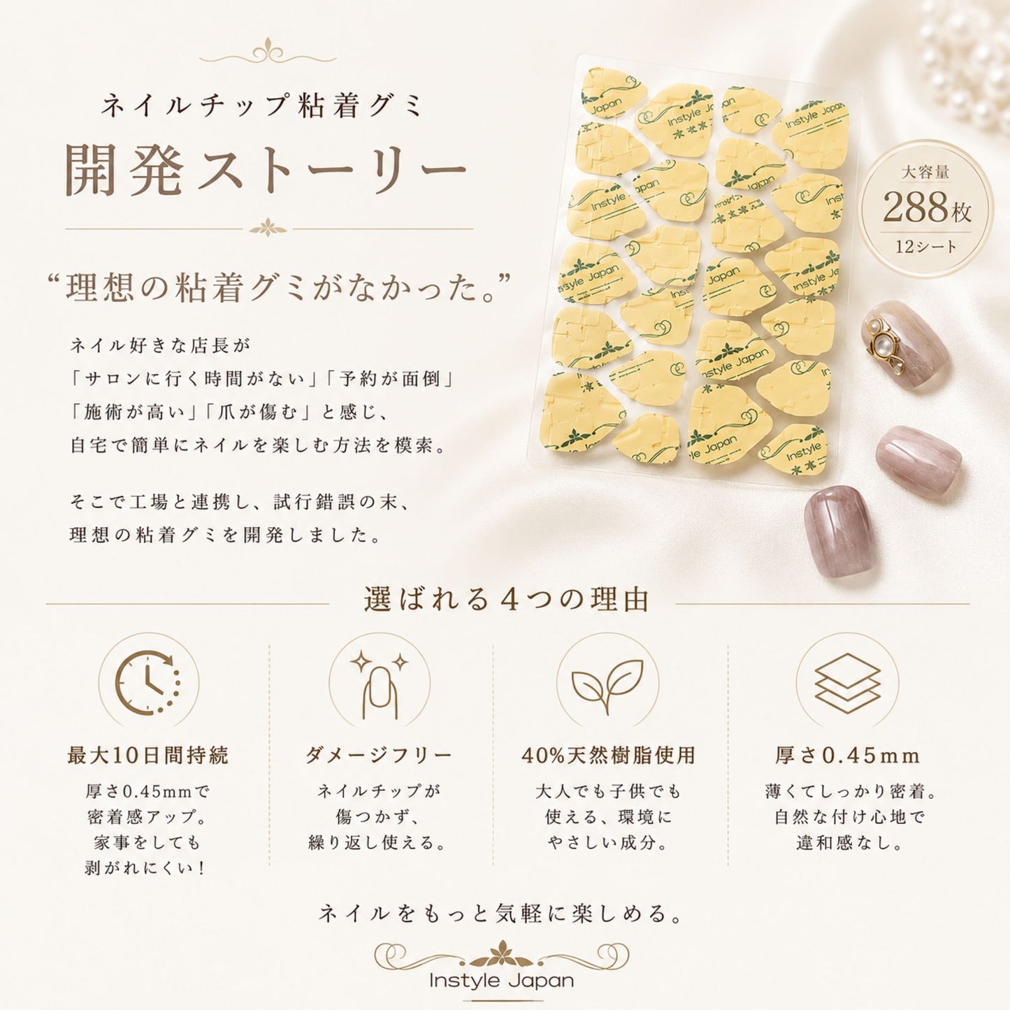 ネイルチップ用 粘着グミ 288枚入り｜強力接着・最大10日間長持ち｜繰り返し使える 爪に優しい 安心素材 ネイルシール 付け爪用