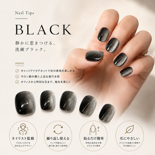 ブラック｜ブラックシルバーキャッツアイ×マグネット ネイルチップ
