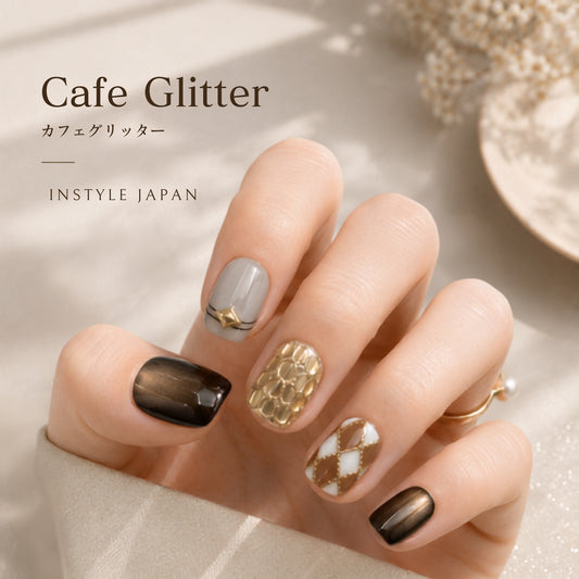 カフェグリッター｜スモーキーブラウンマグネット×ゴールドネイルチップ